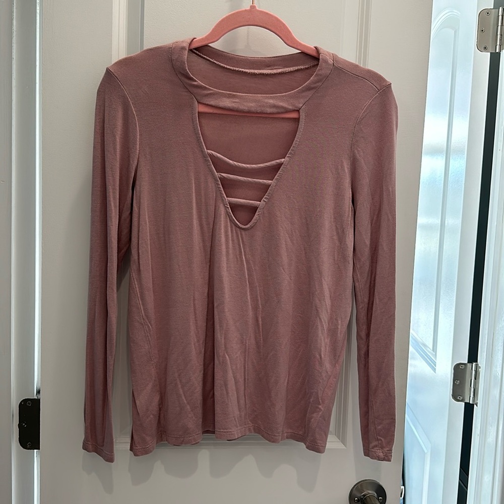 Deep v neck long sleeve shirt- light pink